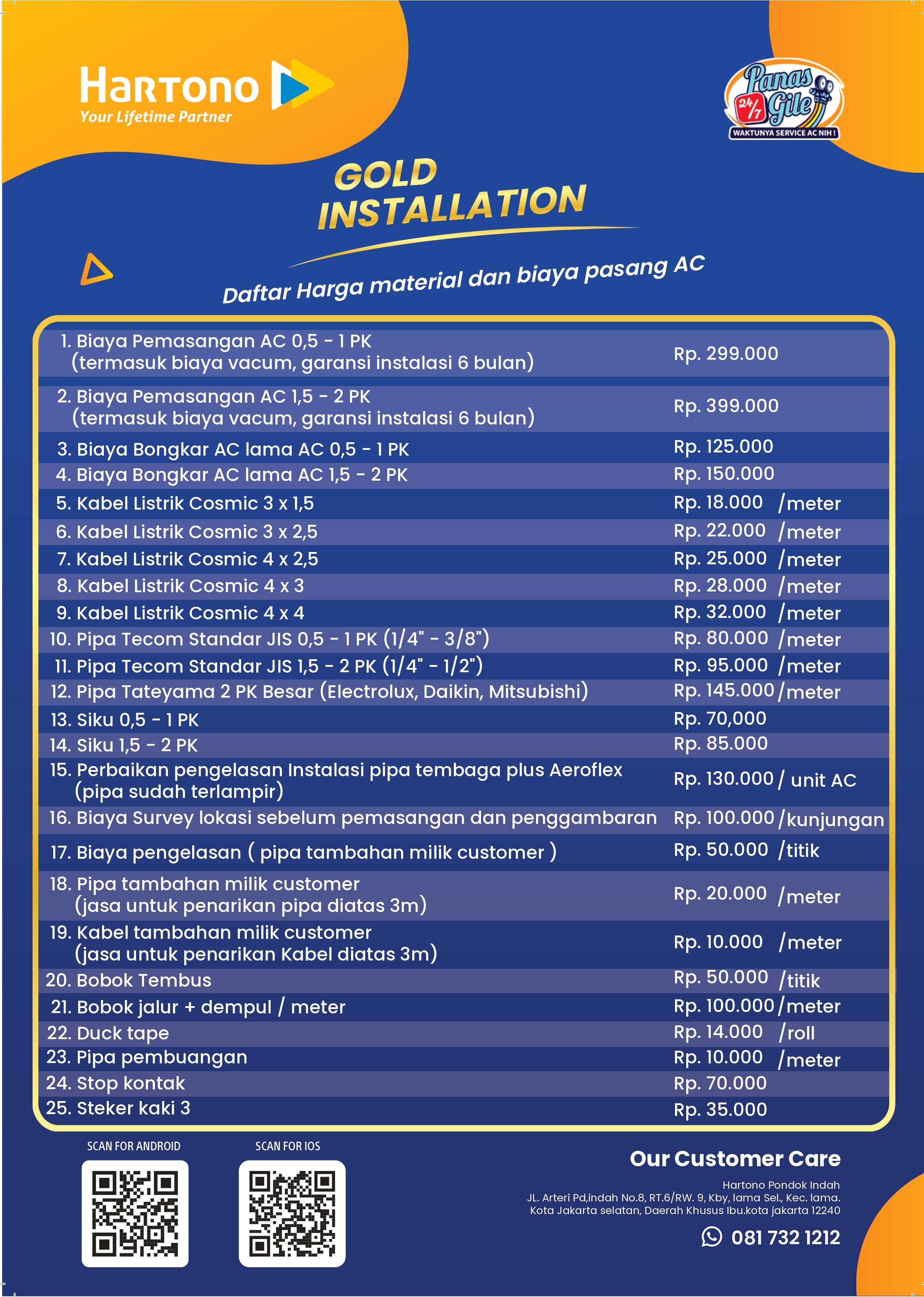 Daftar Biaya & Tambahan Pemasangan Air Conditioner Wilayah Jakarta Kategori Gold Installation