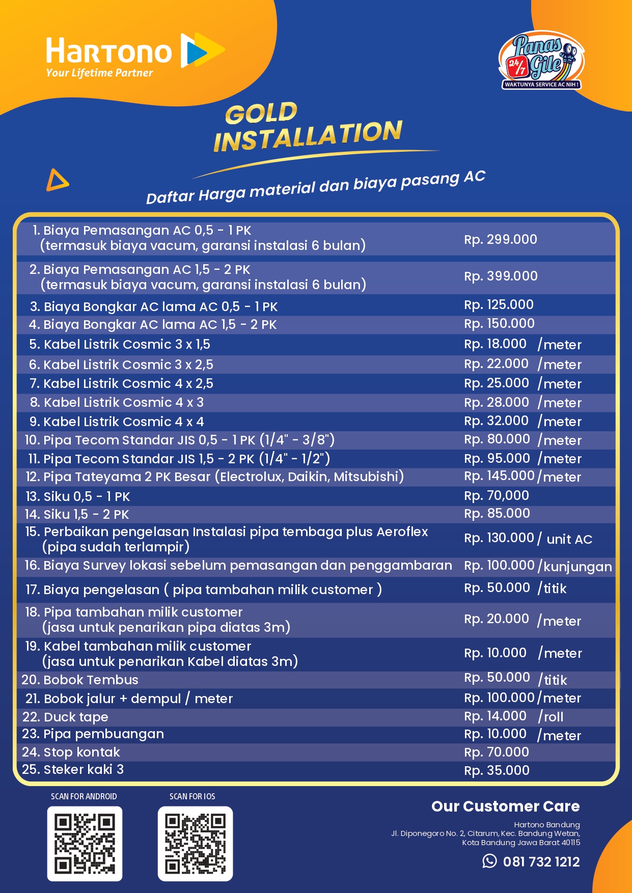 Daftar Biaya & Tambahan Pemasangan Air Conditioner Wilayah Bandung Kategori Gold Installation