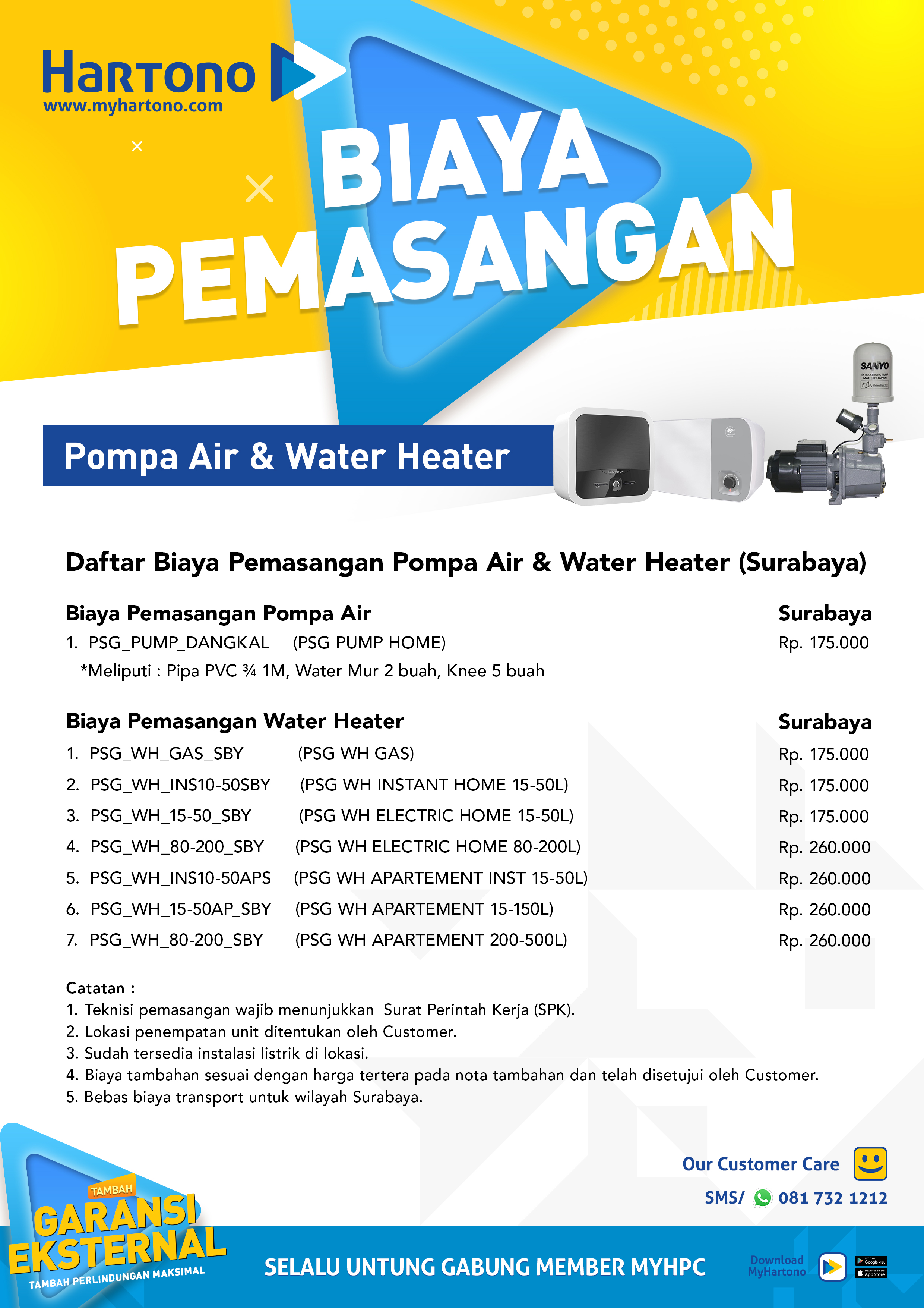 Daftar Biaya Pemasangan Pompa Air & Water Heater Hartono Wilayah Surabaya