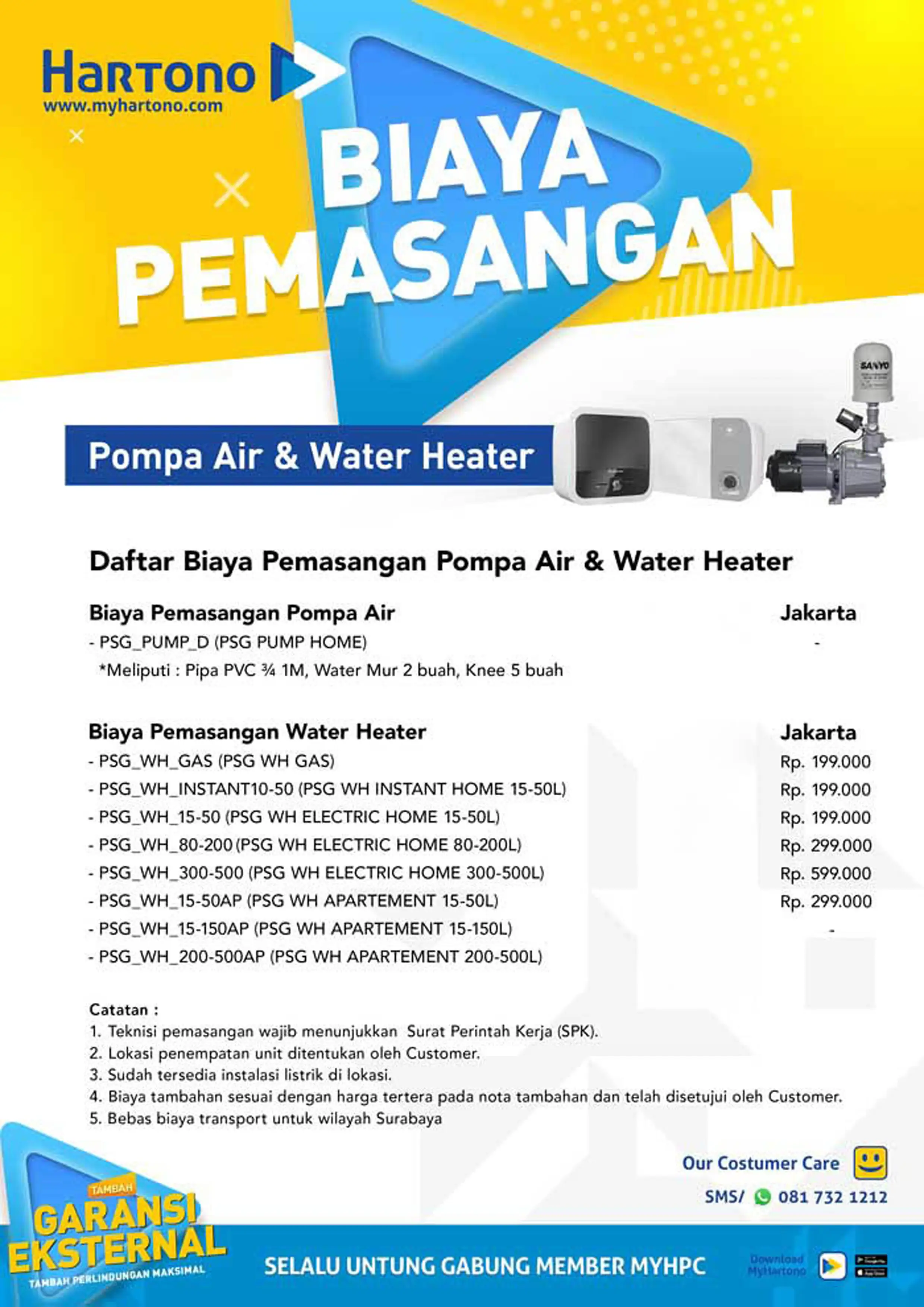 Daftar Biaya Pemasangan Pompa Air & Water Heater Hartono Wilayah Surabaya