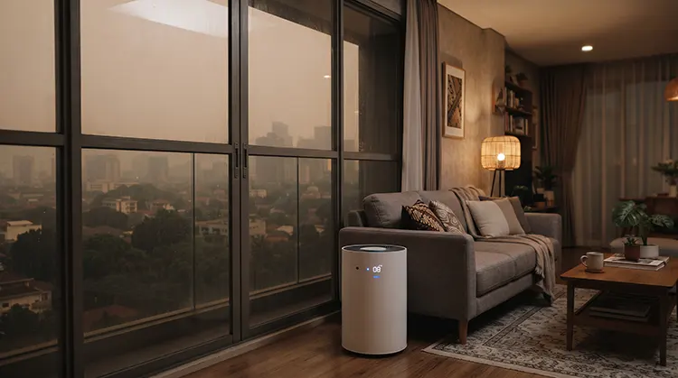 Air purifier di ruang tamu menyaring udara bersih saat kabut asap karhutla menyelimuti luar rumah