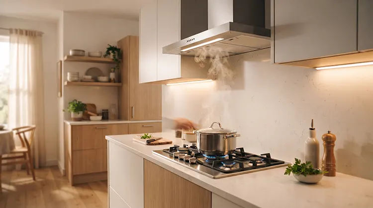 Cooker hood modern menghisap asap dan uap masakan di dapur minimalis