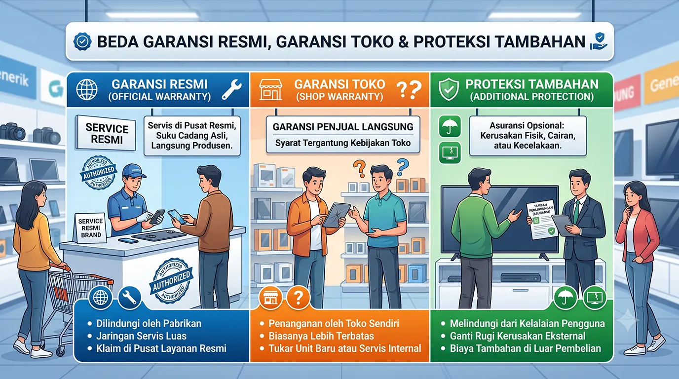Kartu garansi resmi pabrikan dan faktur pembelian elektronik di atas meja