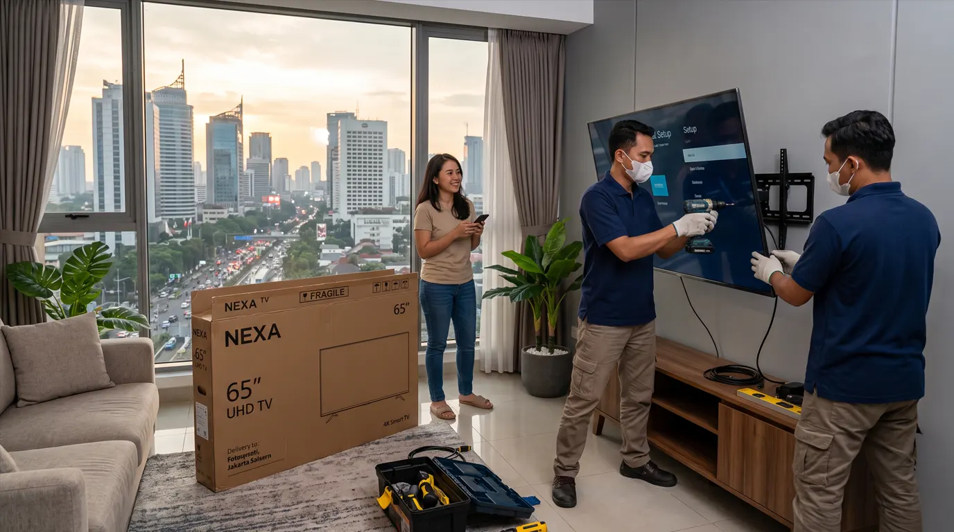 Petugas melakukan pengantaran dan pemasangan saat beli elektronik di Jakarta