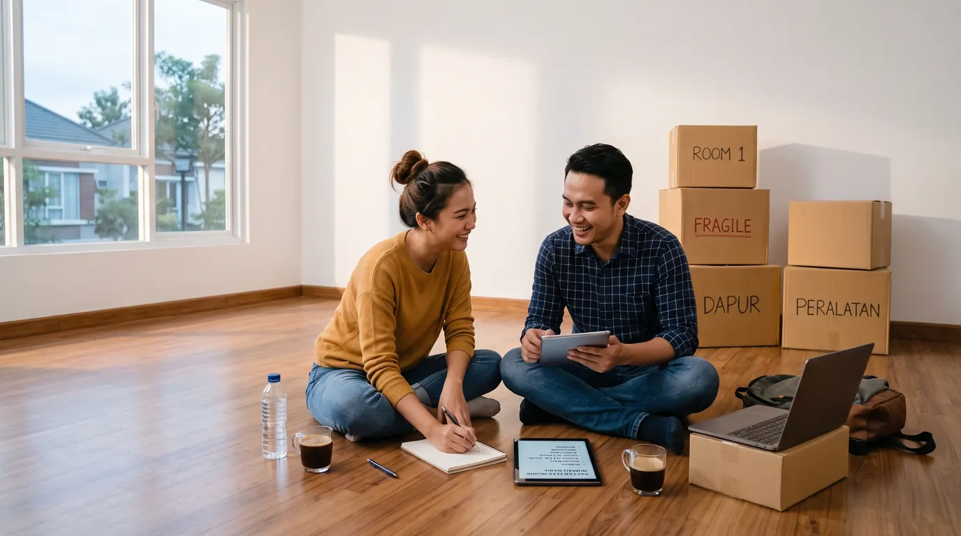 Pasangan menyusun daftar elektronik rumah baru di ruang yang masih kosong