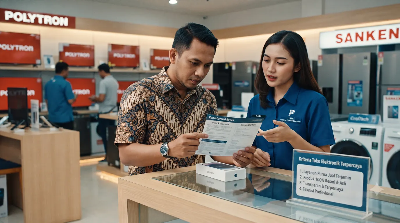 Pembeli memeriksa kartu garansi dan kriteriatoko elektronik terpercaya di geraielektronik