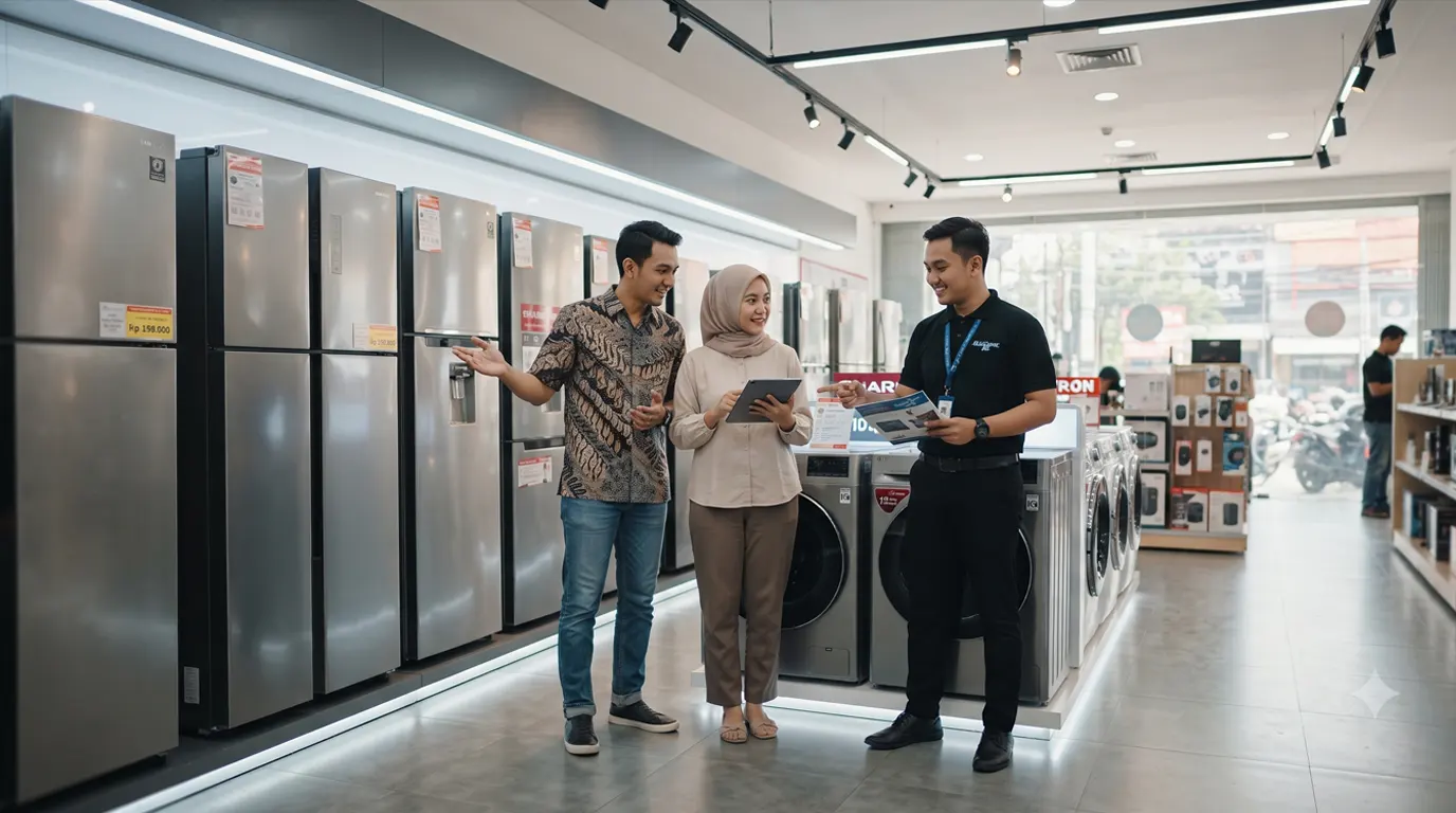 Panduan harga elektronik rumah tangga 2026di ruang keluarga dengan AC, kulkas, mesincuci, dan smart TV