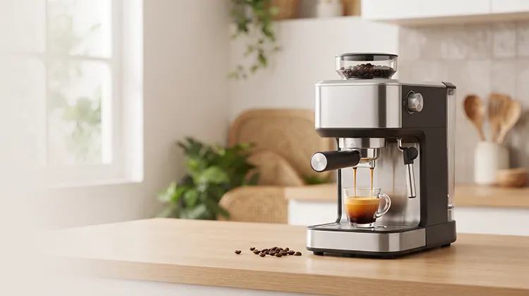 Mesin espresso compact dengan penggiling bawaan menyeduh espresso dengan crema keemasan di dapur modern