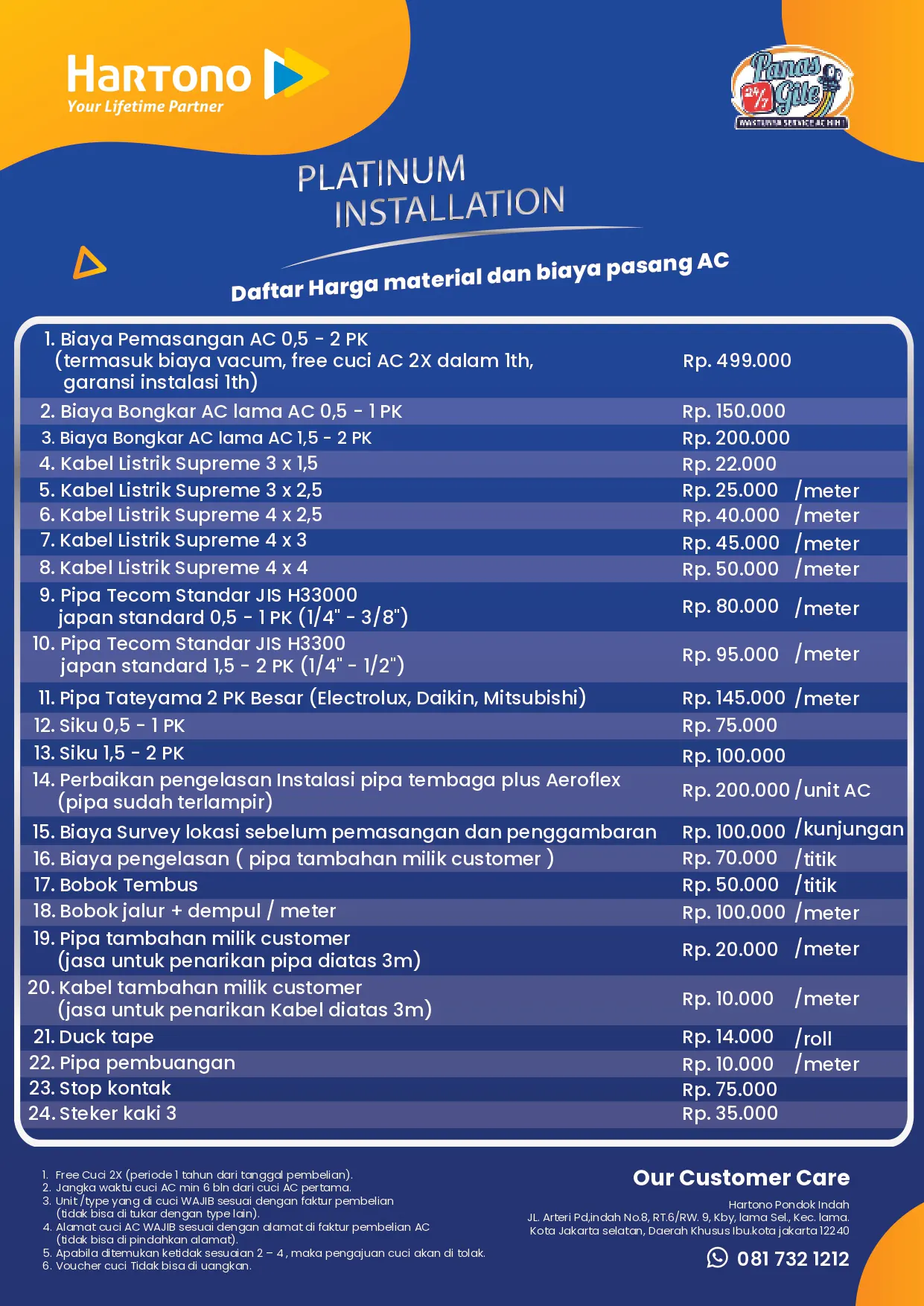 Daftar Biaya & Tambahan Pemasangan Air Conditioner Wilayah Jakarta Kategori Platinum Installation