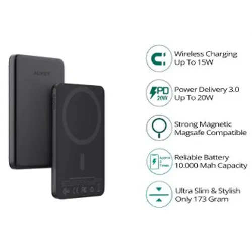 AUKEY MAGNETIC WIRELESS POWERBANK MAGSAFE 10.000 MAH GREY PB-MS08GY