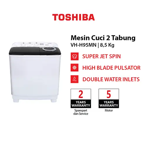 TOSHIBA MESIN CUCI 2 TABUNG SEMI AUTO WASHER 8.5 KG VH-H95MN