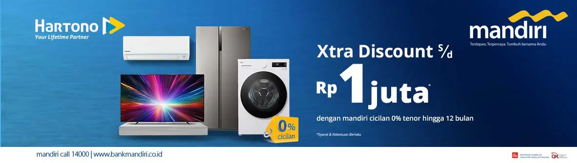 Belanja Elektronik Online Xtra Discount hingga 1 Juta dengan Kartu Kredit Bank Mandiri Cicilan 0% tenor hingga 12 bulan