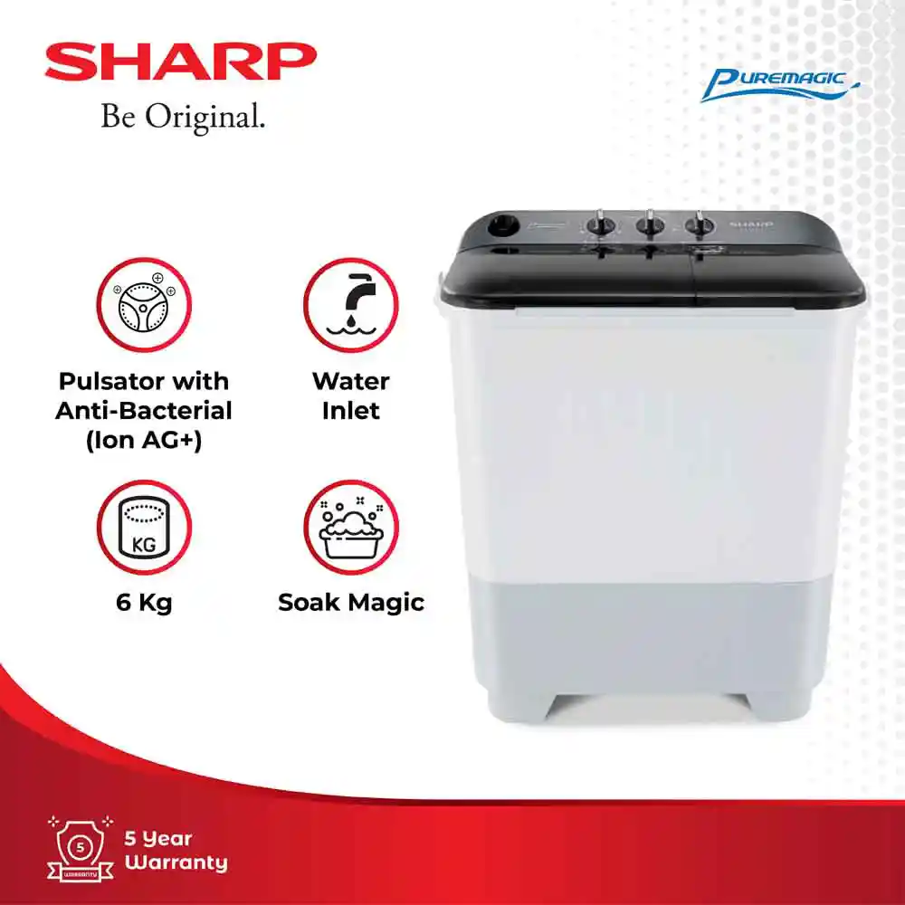 SHARP MESIN CUCI 2 TABUNG SEMI AUTO WASHER EST65NTGY
