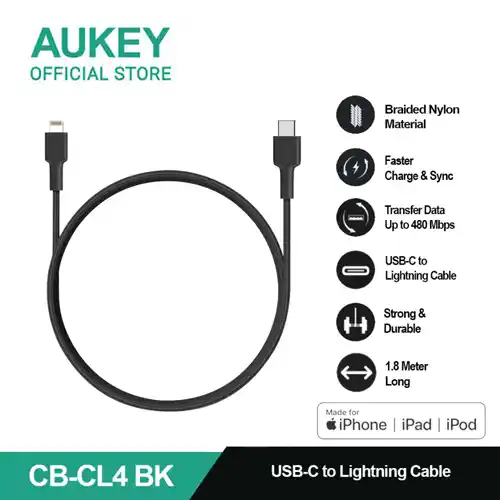 AUKEY KABEL CHARGER USB C TO LIGHTNING 1.8M BLACK AK_CB-CL4_BK