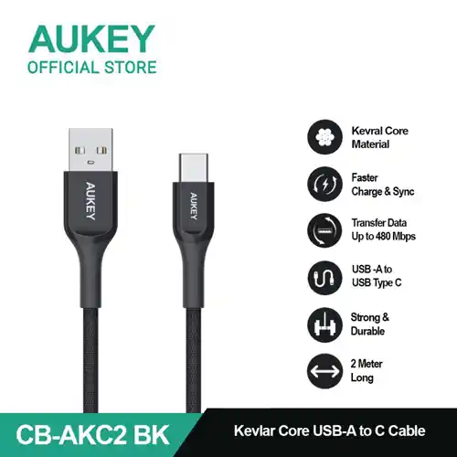 AUKEY KABEL CHARGER USB A TO C 2M BLACK AK_CB-AKC2_BK