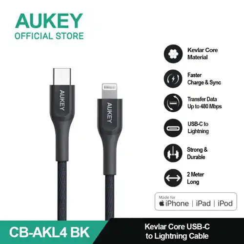 AUKEY KABEL CHARGER USB A TO LIGHTNING MFI 2M BLACK AK_CB-AKL4_BK