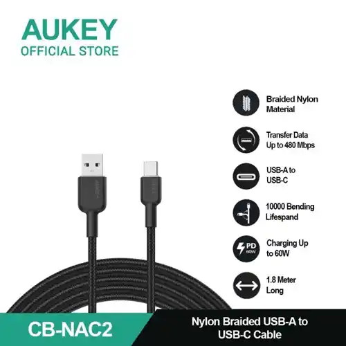 AUKEY KABEL CHARGER USB A TO C 1.8M BLACK AK_CB-NAC2_BK