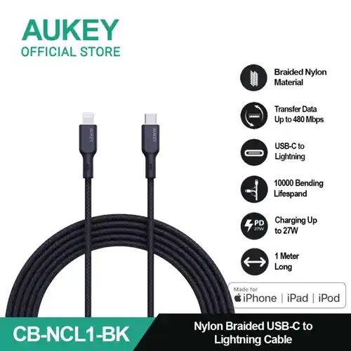 AUKEY KABEL CHARGER USB C TO LIGHTNING 1M BLACK AK_CB-NCL1_BK