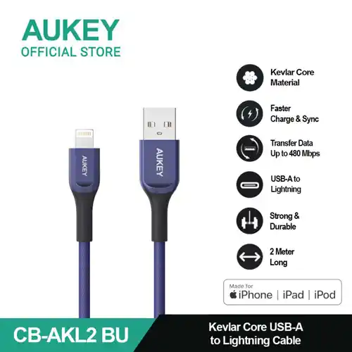 AUKEY KABEL CHARGER USB A TO LIGHTNING MFI 2M BLUE AK_CB-AKL2_BL