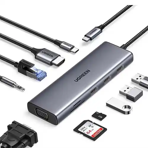 UGREEN USB HUB 10 IN 1 TYPE C TO USB 3.0 & RJ45 HDMI VGA SD CARD AUX 15601