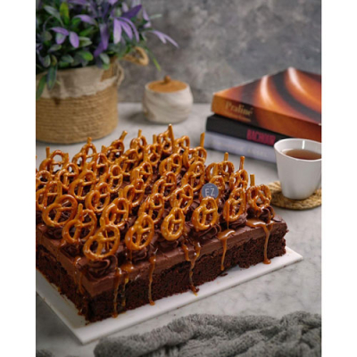 Chocolate caramel pretzel sheet cake
