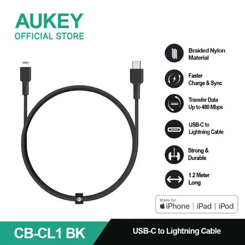 AUKEY KABEL CHARGER USB C TO LIGHTNING 1.2M BLACK AK_CB-CL1_BK