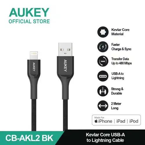 AUKEY KABEL CHARGER USB A TO LIGHTNING MFI 2M BLACK AK_CB-AKL2_BK